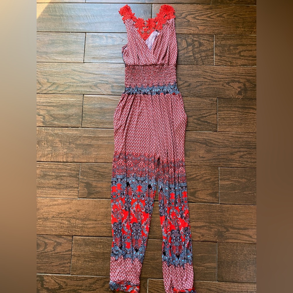 Women's Red Patterned Jumpsuit